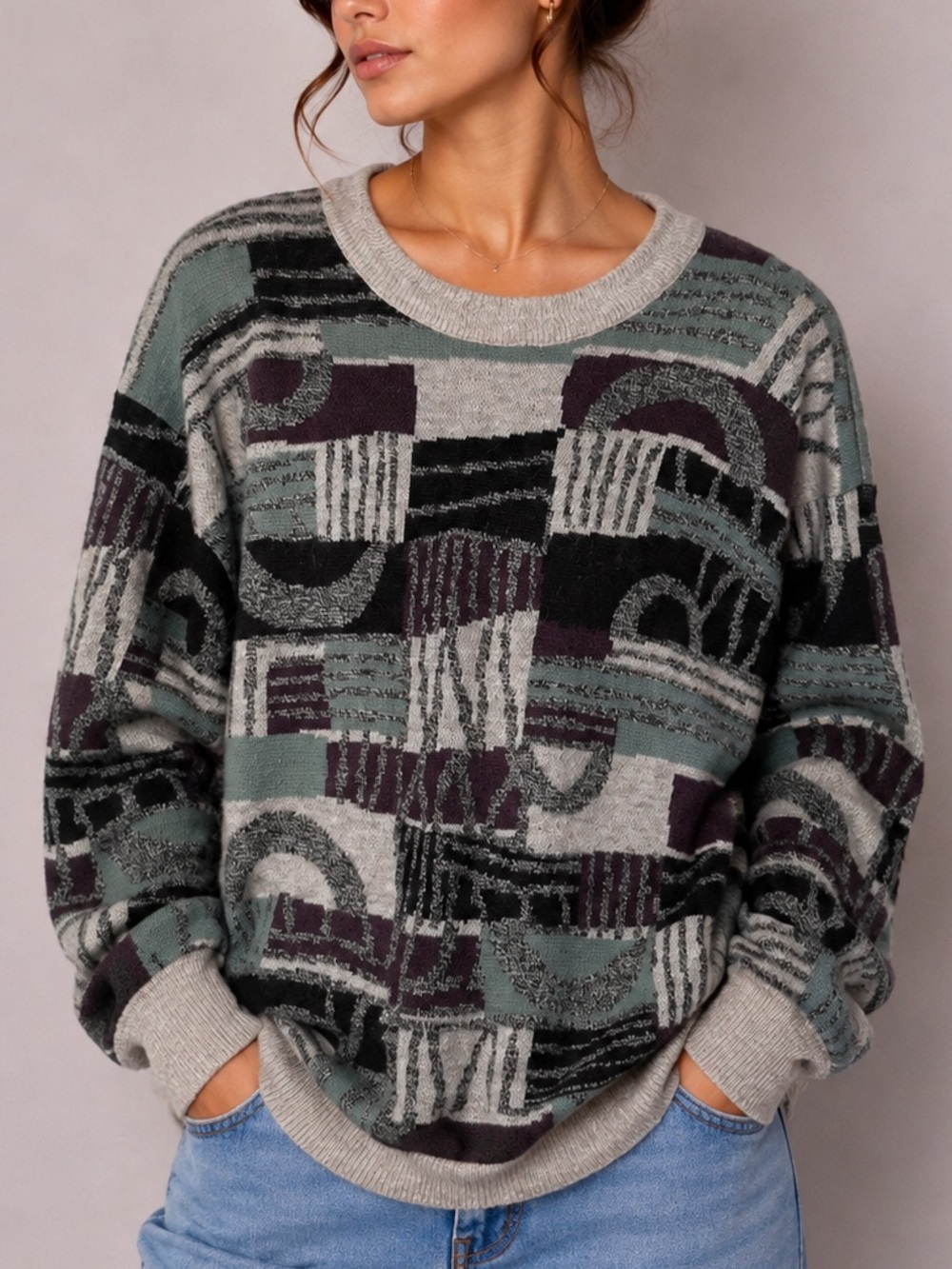 Vintage Sweater 80s Abstract  Crewneck Sweater Grandpacore Retro Cozy Wool